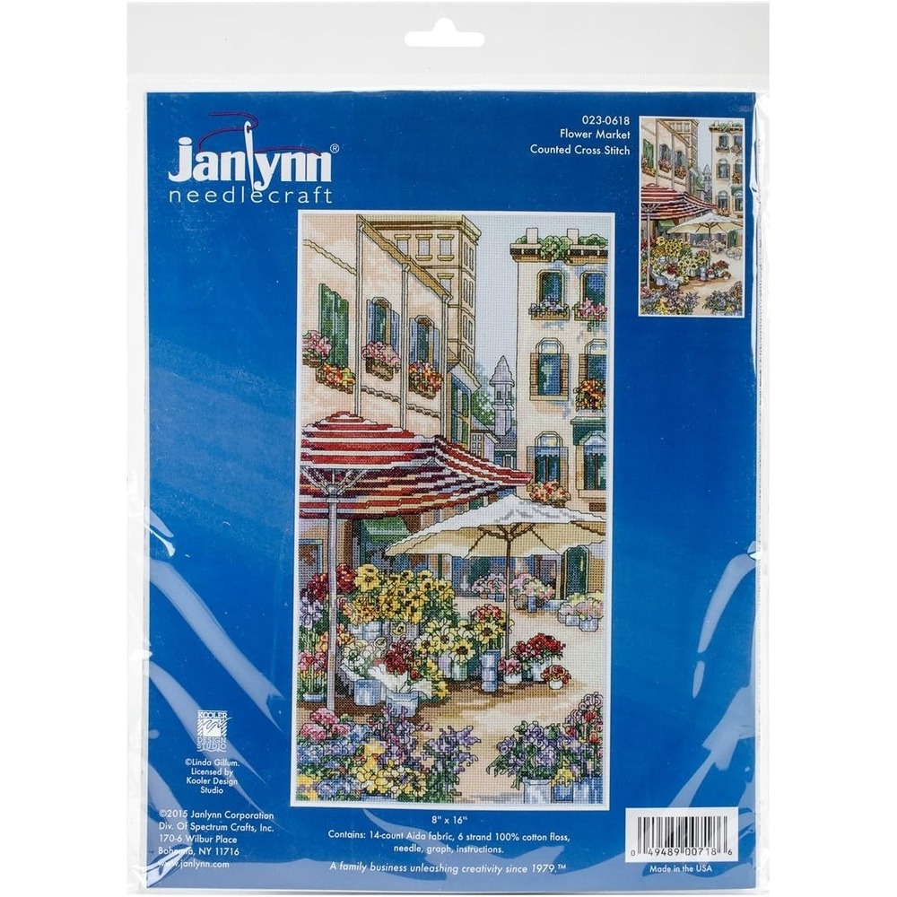 Janlynn Flower Market Cross Stitch Kit 14 Count Aida Street Scene Flowers 8"x16"